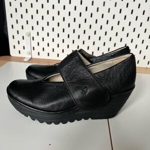 Fly London Black Leather Wedge Shoes